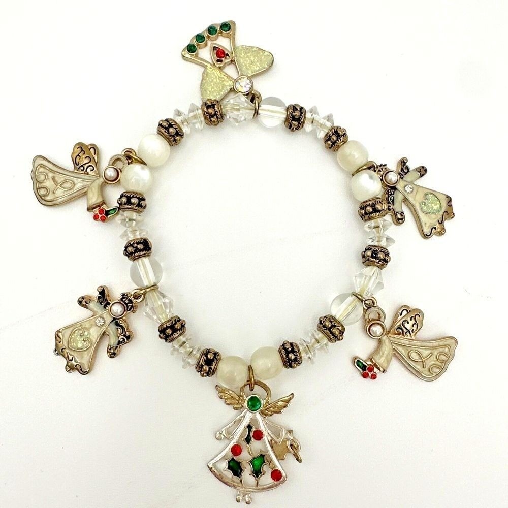 Angel Charm Bracelet Christmas Holiday Beaded Gold Tone Costume Jewelry
